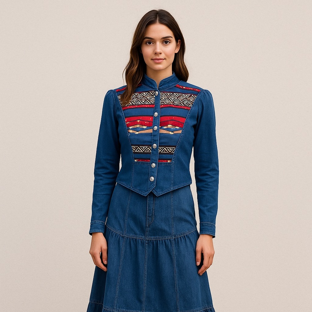 Vintage Denim Aztec print studded cropped jacket/blazer|4P